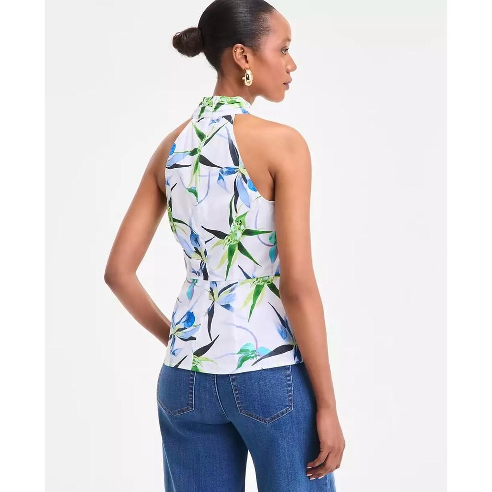 NWT INC International Concepts Floral Print Halterneck Top White & Blue Size 14 - Picture 2 of 6